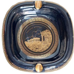 Vtg Black Porcelain Ashtray with‎ 24K Gold Trim Greek Athens Parthenon Acropolis